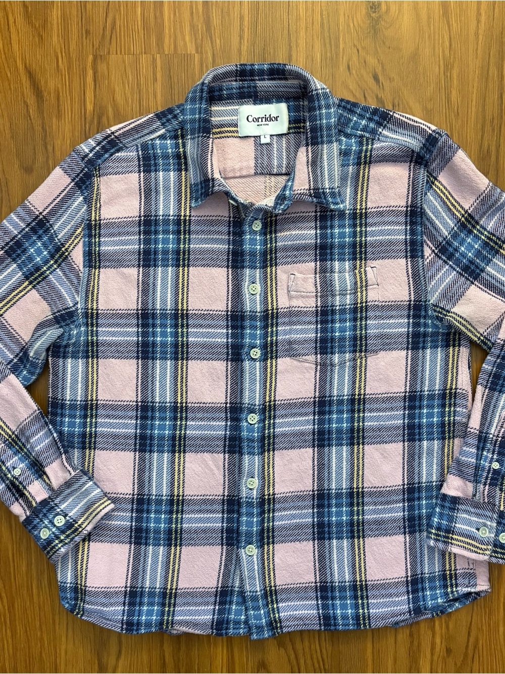 Corridor NYC Blanket Plaid Shirt Pink Cotton Flannel Button Up Mens Size L Fall